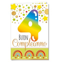 Cromo biglietti d'auguri Buon Compleanno 4 anni, stelline e arcobaleni, 6 pezzi – NU8093