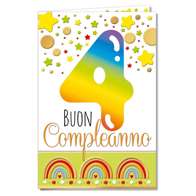 Cromo biglietti d'auguri Buon Compleanno 4 anni, stelline e arcobaleni, 6 pezzi – NU8093 Cromo biglietti d'auguri Buon Compleanno 4 anni, stelline e arcobaleni, 6 pezzi – NU8093
