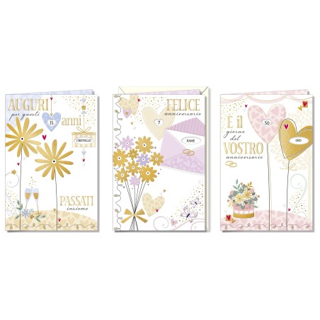 Cromo biglietti d'auguri Anniversario rotella, fiori e cuori, 12 pezzi in 3 soggetti – AN8880