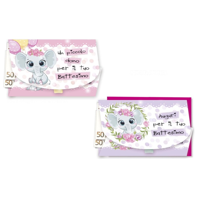 Cromo biglietti portasoldi Battesimo femminuccia, elefantino, 12 pezzi in 2 soggetti – BT8895 Cromo biglietti portasoldi Battesimo femminuccia, elefantino, 12 pezzi in 2 soggetti – BT8895
