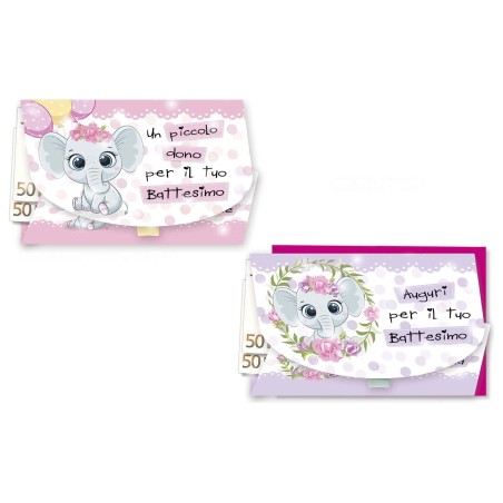 Cromo biglietti portasoldi Battesimo femminuccia, elefantino, 12 pezzi in 2 soggetti – BT8895