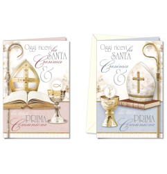 Cromo biglietti d'auguri Comunione e Cresima, mitra, calice e libro, 12 pezzi in 2 soggetti – CC8912
