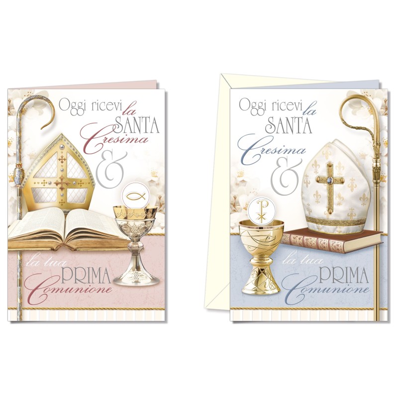 Cromo biglietti d'auguri Comunione e Cresima, mitra, calice e libro, 12 pezzi in 2 soggetti – CC8912 Cromo biglietti d'auguri Comunione e Cresima, mitra, calice e libro, 12 pezzi in 2 soggetti – CC8912