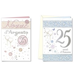 Cromo biglietti d'auguri Anniversario 25 anni, cuori e palloncini, 12 pezzi in 2 soggetti – AN9898