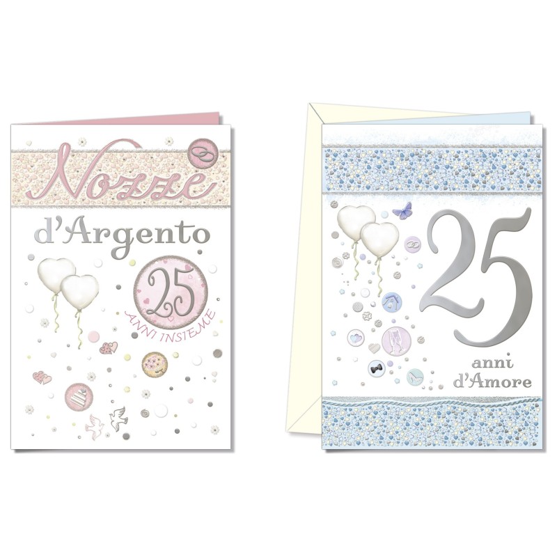 Cromo biglietti d'auguri Anniversario 25 anni, cuori e palloncini, 12 pezzi in 2 soggetti – AN9898 Cromo biglietti d'auguri Anniversario 25 anni, cuori e palloncini, 12 pezzi in 2 soggetti – AN9898