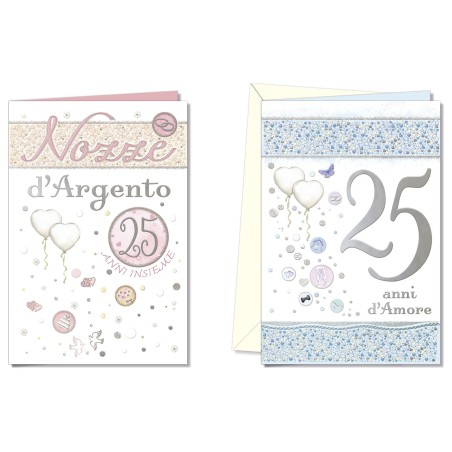 Cromo biglietti d'auguri Anniversario 25 anni, cuori e palloncini, 12 pezzi in 2 soggetti – AN9898