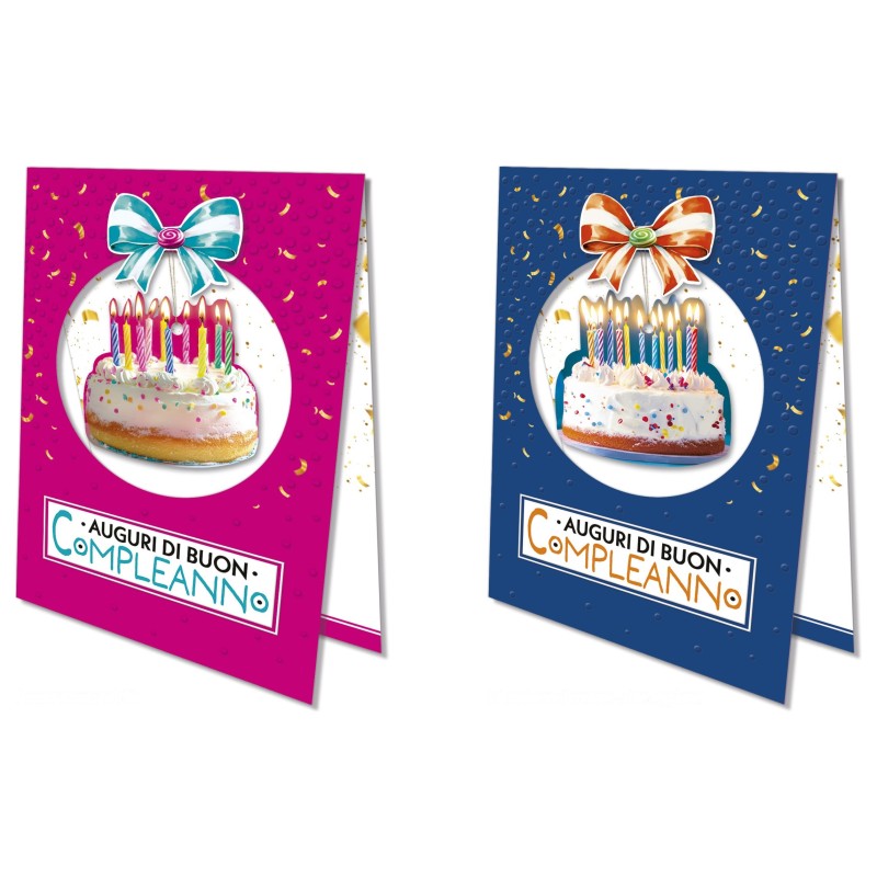 Cromo biglietti d'auguri Compleanno generico con applicazione pendente, torta e fiocco, 12 pezzi in 2 soggetti – BC9963 Cromo biglietti d'auguri Compleanno generico con applicazione pendente, torta e fiocco, 12 pezzi in 2 soggetti – BC9963