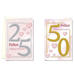 Cromo biglietti d'auguri Anniversario 25 e 50, cuori rosa, 12 pezzi in 2 soggetti – AN8881
