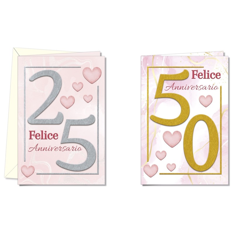 Cromo biglietti d'auguri Anniversario 25 e 50, cuori rosa, 12 pezzi in 2 soggetti – AN8881 Cromo biglietti d'auguri Anniversario 25 e 50, cuori rosa, 12 pezzi in 2 soggetti – AN8881