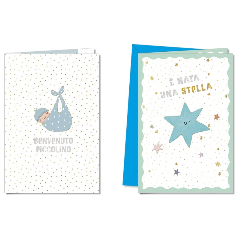 Cromo biglietti d'auguri Nascita azzurro, 12 pezzi in 2 soggetti – NA9923 Cromo biglietti d'auguri Nascita azzurro, 12 pezzi in 2 soggetti – NA9923