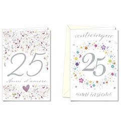 Cromo biglietti d'auguri Anniversario 25 anni, fiori e cuori, 12 pezzi in 2 soggetti – AN8883