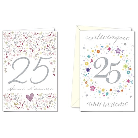 Cromo biglietti d'auguri Anniversario 25 anni, fiori e cuori, 12 pezzi in 2 soggetti – AN8883