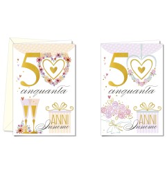 Cromo biglietti d'auguri Anniversario 50 anni, cuori, calici e fiori, 12 pezzi in 2 soggetti – AN8884