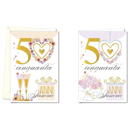 Cromo biglietti d'auguri Anniversario 50 anni, cuori, calici e fiori, 12 pezzi in 2 soggetti – AN8884