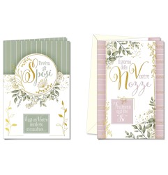 Cromo biglietti d'auguri Nozze, foglie verdi e fiori bianchi, 12 pezzi in 2 soggetti – NO9909