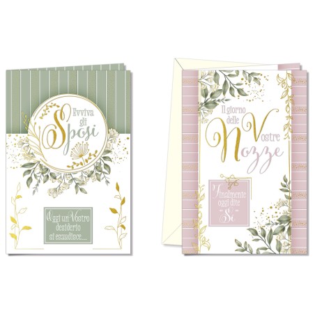 Cromo biglietti d'auguri Nozze, foglie verdi e fiori bianchi, 12 pezzi in 2 soggetti – NO9909