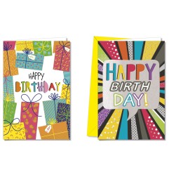 Cromo biglietti d'auguri Compleanno generico, pacchi regalo e raggi colorati, 12 pezzi in 2 soggetti – BC9965