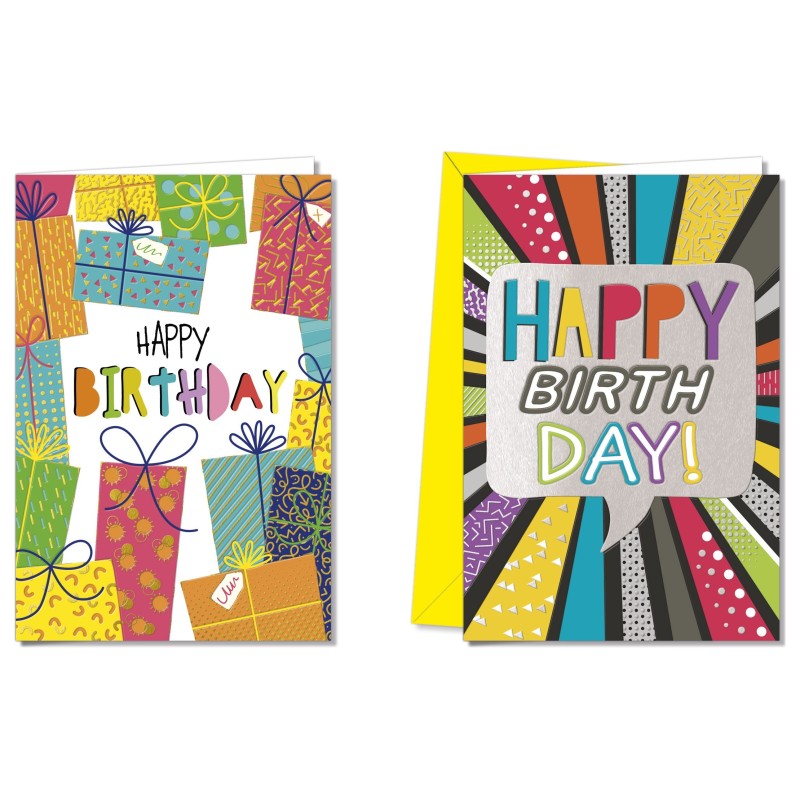 Cromo biglietti d'auguri Compleanno generico, pacchi regalo e raggi colorati, 12 pezzi in 2 soggetti – BC9965 Cromo biglietti d'auguri Compleanno generico, pacchi regalo e raggi colorati, 12 pezzi in 2 soggetti – BC9965