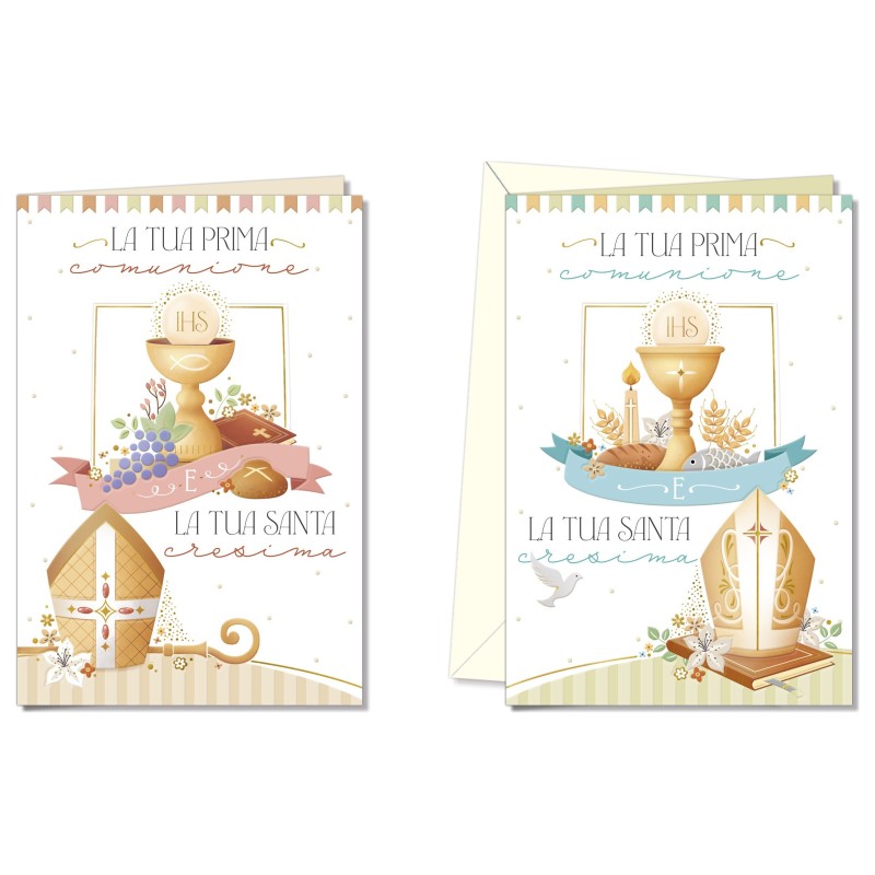 Cromo biglietti d'auguri Comunione e Cresima, calice e mitra, 12 pezzi in 2 soggetti – CC9792 Cromo biglietti d'auguri Comunione e Cresima, calice e mitra, 12 pezzi in 2 soggetti – CC9792