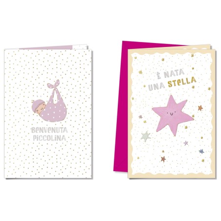 Cromo biglietti d'auguri Nascita rosa, 12 pezzi in 2 soggetti – NA9924