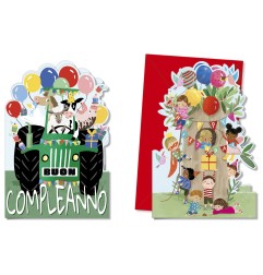 Cromo biglietti d'auguri Compleanno bambini, trattore e albero in festa, 12 pezzi in 2 soggetti – BC9952