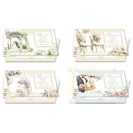 Cromo biglietti portasoldi Nozze, sposi e rose ad acquerello, 12 pezzi in 4 soggetti – NO9918