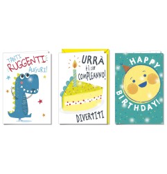 Cromo biglietti d'auguri Compleanno bambini, dinosauro, torta e faccina, 12 pezzi in 3 soggetti – BC9953