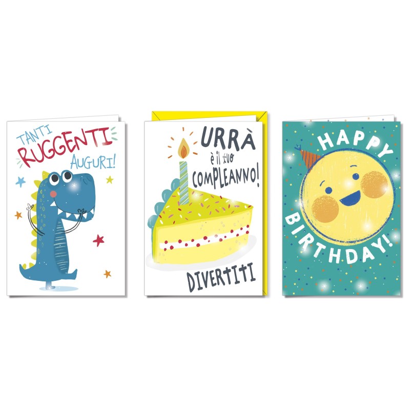 Cromo biglietti d'auguri Compleanno bambini, dinosauro, torta e faccina, 12 pezzi in 3 soggetti – BC9953 Cromo biglietti d'auguri Compleanno bambini, dinosauro, torta e faccina, 12 pezzi in 3 soggetti – BC9953