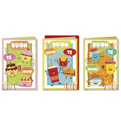 Cromo biglietti d'auguri Compleanno bambini, cibi e regali sorridenti, 12 pezzi in 3 soggetti – BC9957