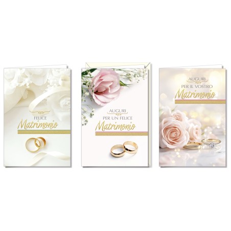 Cromo biglietti d'auguri Nozze, fedi e rose, 12 pezzi in 3 soggetti – NO9910