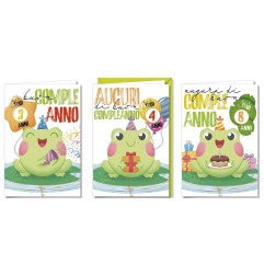 Cromo biglietti d'auguri Compleanno bambini con rotella, ranocchie in festa, 12 pezzi in 3 soggetti – BC9954