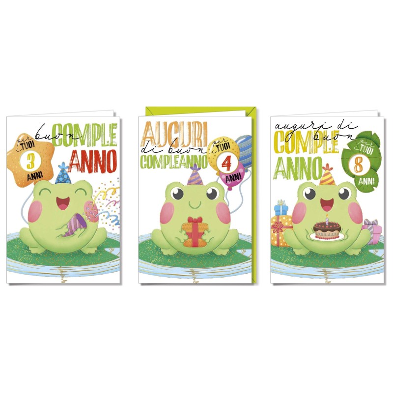 Cromo biglietti d'auguri Compleanno bambini con rotella, ranocchie in festa, 12 pezzi in 3 soggetti – BC9954 Cromo biglietti d'auguri Compleanno bambini con rotella, ranocchie in festa, 12 pezzi in 3 soggetti – BC9954