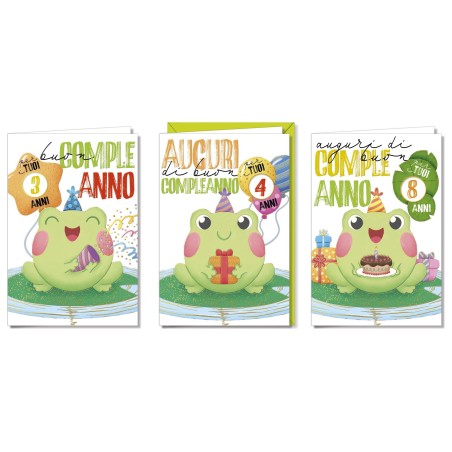 Cromo biglietti d'auguri Compleanno bambini con rotella, ranocchie in festa, 12 pezzi in 3 soggetti – BC9954