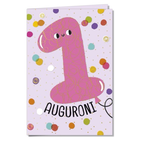 Cromo biglietti d'auguri Numero 1 rosa, palloncino sorridente e coriandoli, 6 pezzi – NU10055