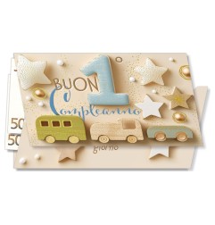 Cromo biglietti portasoldi Numero 1 azzurro, stelle e macchinine di legno, 6 pezzi – NU10060
