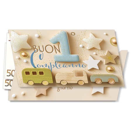 Cromo biglietti portasoldi Numero 1 azzurro, stelle e macchinine di legno, 6 pezzi – NU10060