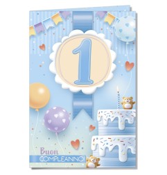 Cromo biglietti d'auguri Numero 1 azzurro, torta, orsetti e palloncini, 6 pezzi – NU10058