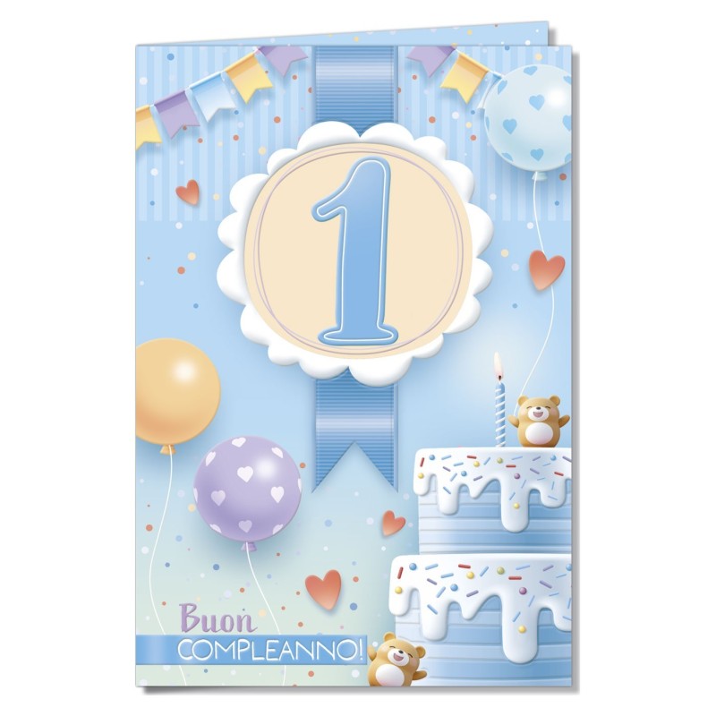 Cromo biglietti d'auguri Numero 1 azzurro, torta, orsetti e palloncini, 6 pezzi – NU10058 Cromo biglietti d'auguri Numero 1 azzurro, torta, orsetti e palloncini, 6 pezzi – NU10058