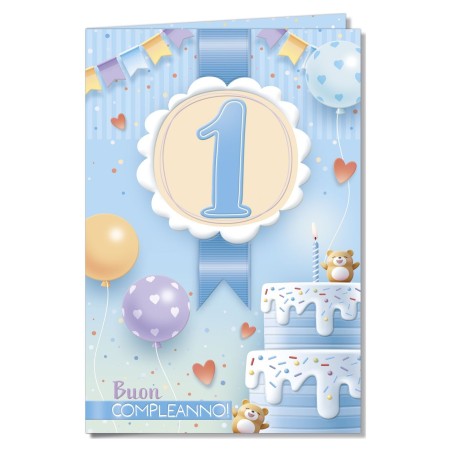 Cromo biglietti d'auguri Numero 1 azzurro, torta, orsetti e palloncini, 6 pezzi – NU10058