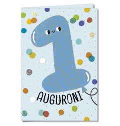 Cromo biglietti d'auguri Numero 1 azzurro, palloncino sorridente e coriandoli, 6 pezzi – NU10056