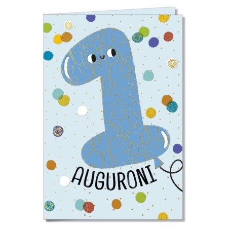 Cromo biglietti d'auguri Numero 1 azzurro, palloncino sorridente e coriandoli, 6 pezzi – NU10056