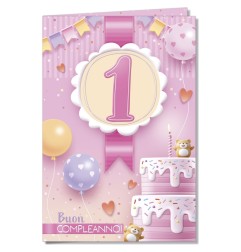 Cromo biglietti d'auguri Numero 1 rosa, torta, orsetti e palloncini, 6 pezzi – NU10057