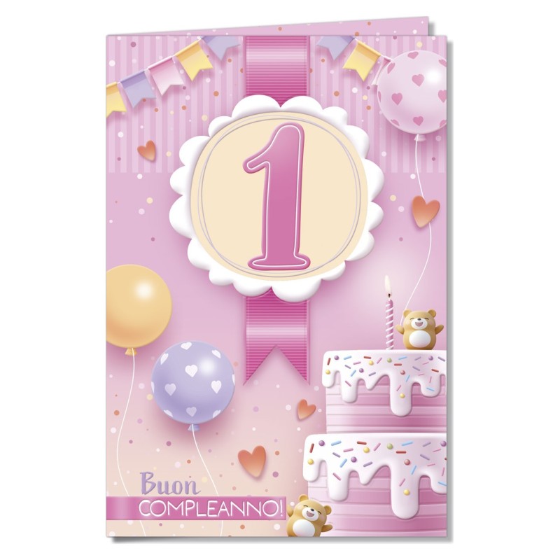 Cromo biglietti d'auguri Numero 1 rosa, torta, orsetti e palloncini, 6 pezzi – NU10057 Cromo biglietti d'auguri Numero 1 rosa, torta, orsetti e palloncini, 6 pezzi – NU10057