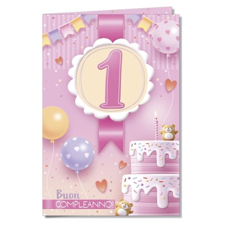 Cromo biglietti d'auguri Numero 1 rosa, torta, orsetti e palloncini, 6 pezzi – NU10057