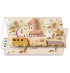 Cromo biglietti portasoldi Numero 1 rosa, stelle e macchinine di legno, 6 pezzi – NU10059
