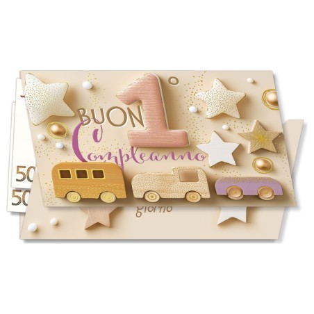 Cromo biglietti portasoldi Numero 1 rosa, stelle e macchinine di legno, 6 pezzi – NU10059
