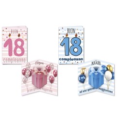 Cromo biglietti d'auguri 18 anni Pop Up, candeline e pacchi regalo, 12 pezzi in 2 soggetti – NU10718