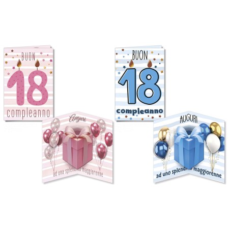 Cromo biglietti d'auguri 18 anni Pop Up, candeline e pacchi regalo, 12 pezzi in 2 soggetti – NU10718