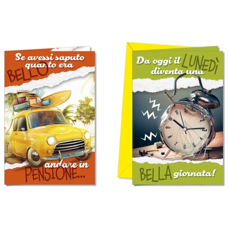 Cromo biglietti d'auguri Pensione, 12 pezzi in 2 soggetti – OV8968