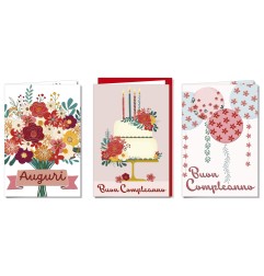 Cromo biglietti d'auguri Compleanno femminile, fiori, torta e palloncini, 12 pezzi in 3 soggetti – BC9989